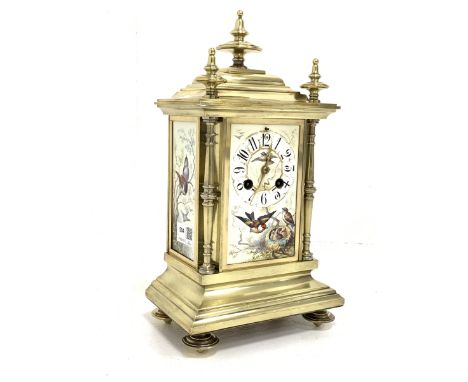 20th century brass mantel clock, three finials over caddy top and three panels painted with birds and Arabic chapter ring, st