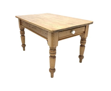 Victorian pine kitchen dining table, fitted with one drawer with ceramic pull handle, raised on turned supports Dimensions: H