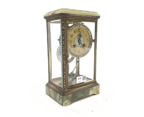 Late 19th century onyx, brass and cloisonn� four glass mantle clock, stepped moulded top over bevel glazed body with cloisonn