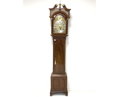 Early 19th century and later long case clock, the 20th century Chippendale style case with brass ball finial and swan neck pe