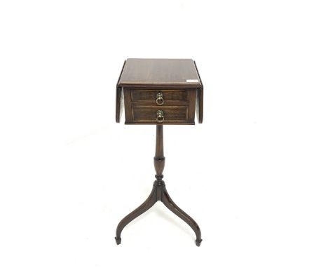 Small George III style mahogany tripod table, the top with inlaid satinwood band and reeded edge with two drop leaves over tw