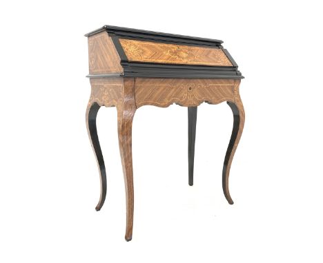 Edwards and Roberts - Late 19th Century kingwood and ebonised Bureau de Dame, slide out fall front drawer revealing birds eye