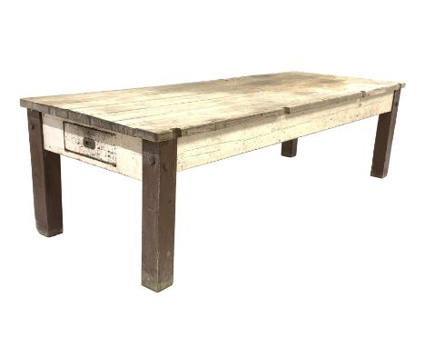 Large 19th century pine work bench, the rectangular top over drawer to each end, raised on square supports Dimensions: Height