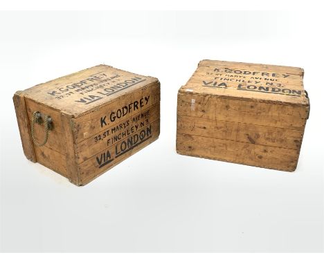 Two vintage pine travelling trunks, with rope carry handle to each end Dimensions: Height:&nbsp;42cm&nbsp; Length/Width:&nbsp
