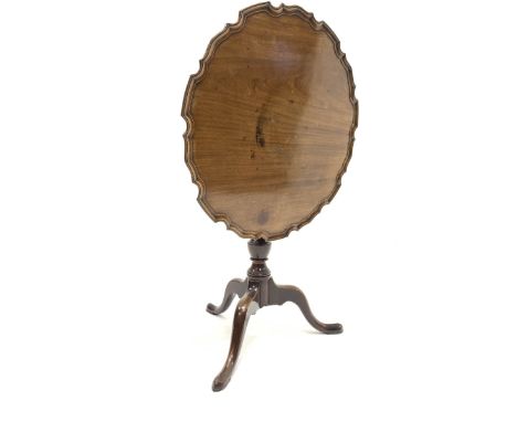 George III mahogany tripod table, circular moulded pie crust tilt top on turned column, three out splayed supports, D75cm, H7