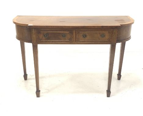 Georgian style mahogany break bow front console table, fitted with two drawers, raised on square tapered supports with peg fe