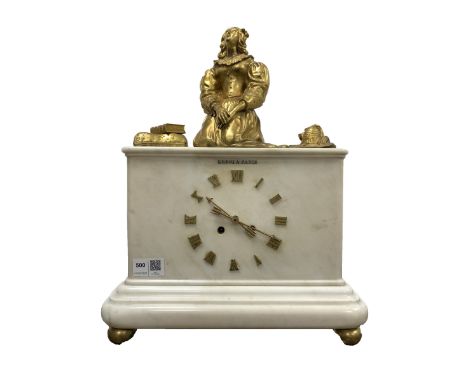 Late 19th century figural mantel clock, white marble case surmounted by a cast ormolu figure of a kneeling lady, the case ins