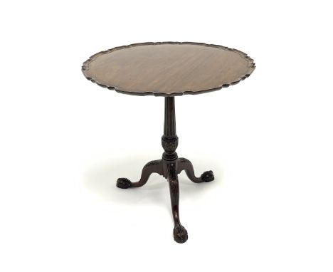 20th century Georgian style mahogany tripod table, circular moulded pie crust tilt top on turned and fluted column, three out