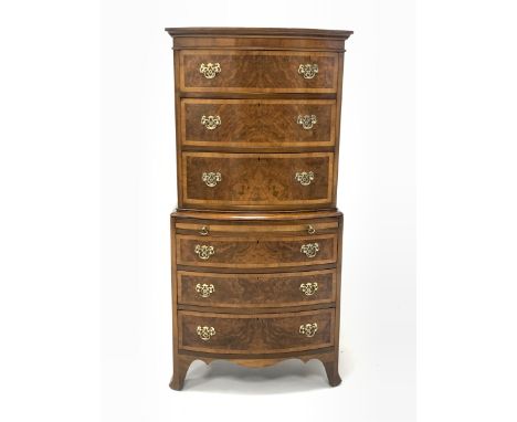 Quality Georgian style walnut bow front chest on chest, projecting cornice over top section fitted with three graduated drawe