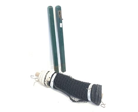 Vintage pair of green painted cast metal tennis net posts with tensioning handle, together with a tennis net (L1250cm)Dimensi