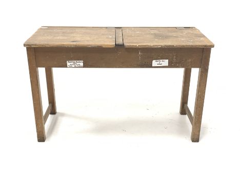 Vintage pine child's school desk, the top with two hinged compartments and brass ink wells inscribed 'Kingfisher Ltd West Bro