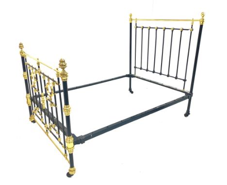Victorian brass and iron double bedstead, with Vono cross rails and raised on ceramic castors Dimensions: Length/Width:&nbsp;