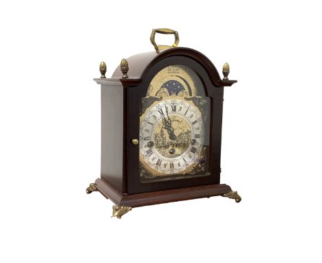 20th century Westminster chiming bracket clock, the stained hardwood case with brass finials and supports, brass dial with mo