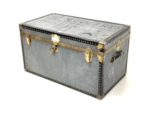 Early 20th century leather and brass bound tin travelling trunk, bearing the name 'K. Godfrey'Dimensions: Height:&nbsp;51cm&n