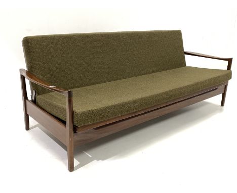 Vintage mid 20th century rosewood sofa bed by Cintique, back and seat cushion upholstered in green fabric, with shaped open a