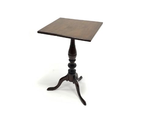 19th century mahogany tripod table with square top, turned supports with three out splay supports, 42cm x 42cm, H66cmDimensio