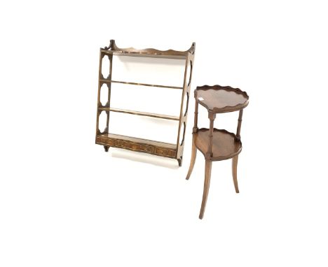 20th century mahogany wall hanging three tier rack, with peirced panel ends, serpentine front and three trinket drawers, (W69