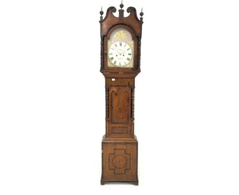 Early to mid 19th century longcase clock, the oak case with three brass ball finials over swan neck pediment, arched hood doo