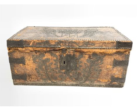 Charles II leather covered trunk, brass studded and bearing a coat of arms, possibly for the Duke of Cumberland, blue silk li