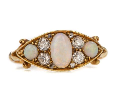 OPAL AND DIAMOND RING,set with opals interspaced by pairs of diamonds, in eighteen carat gold, size K 1/2, 2.6gGenerally worn