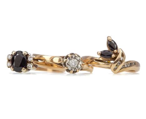 TWO SAPPHIRE AND DIAMOND RINGS,each in nine carat gold, along with a diamond solitaire ring of approximately 0.10 carats, als