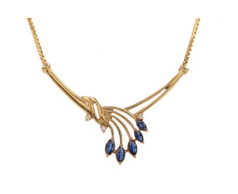 SAPPHIRE AND DIAMOND NECKLET,set with marquise sapphires and three small diamonds, in nine carat gold, 5.1gGenerally worn . A