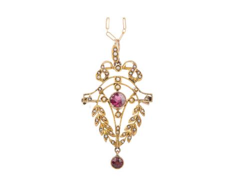 PURPLE GEM SET AND SEED PEARL HOLBEIN,50mm high, marked 9CT, on a rose gold chain marked 9C, 6g