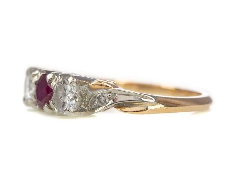 RUBY AND DIAMOND THREE STONE RING,the round ruby flanked by round brilliant cut diamonds totalling approximately 0.70 carats,
