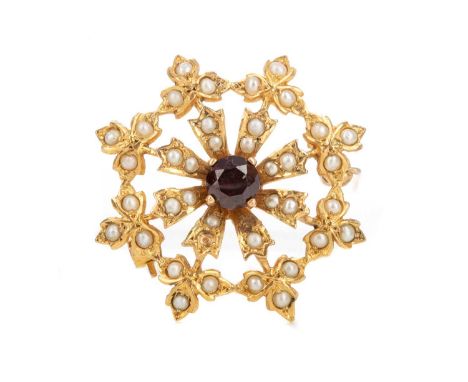 GARNET AND SEED PEARL BROOCH,of openwork form, in nine carat gold, 5.6g