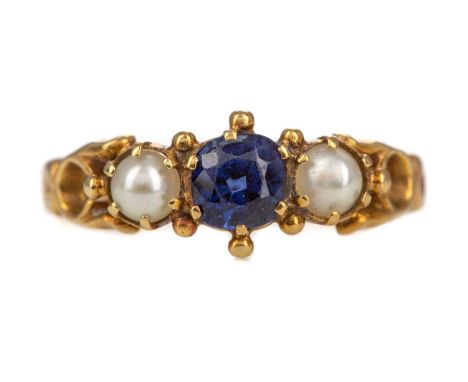 SAPPHIRE AND PEARL RING,the cushion shaped sapphire flanked by pearls, unmarked, size L 1/2, 2.6g