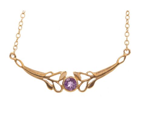 AMETHYST NECKLET,the central panel set with a round amethyst to a nine carat gold necklet, 3gGenerally worn. No breakages. Cl