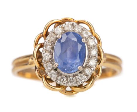 SAPPHIRE AND DIAMOND RING,the oval sapphire within a halo of round brilliant cut diamonds totalling approximately 0.35 carats