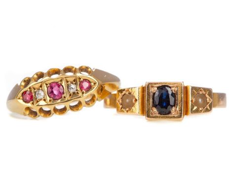 RUBY AND DIAMOND RING,in eighteen carat gold, size M, 1.8g, along with a fifteen carat gold sapphire and pearl ring, size K 1