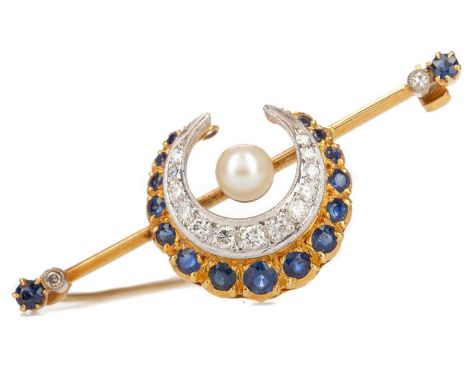 SAPPHIRE AND DIAMOND CRESCENT MOON BAR BROOCH,the central pearl set with the centre of a sapphire and diamond set crescent mo