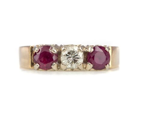 RUBY AND DIAMOND THREE STONE RING,the round brilliant cut diamond of approximately 0.25 carats flanked by round rubies, marke