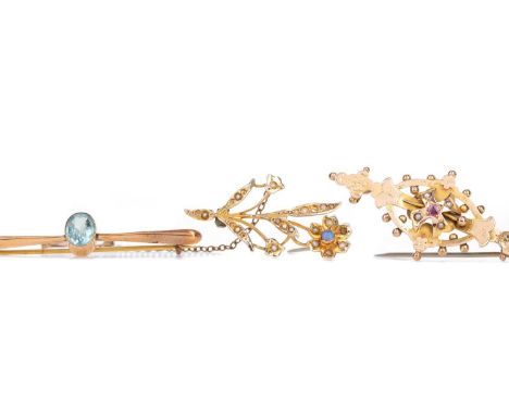 OPAL AND SEED PEARL FLOWER BROOCH,along with a topaz bar brooch and a Victorian red gem set brooch, each marked for nine cara
