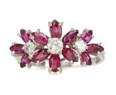 RUBY AND DIAMOND FLORAL SPRAY RING,set with marquise shaped rubies and round brilliant cut diamonds totalling approximately 0