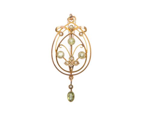 PERIDOT AND SEED PEARL HOLBEIN,unmarked, on a modern nine carat gold chain, 5.2g
