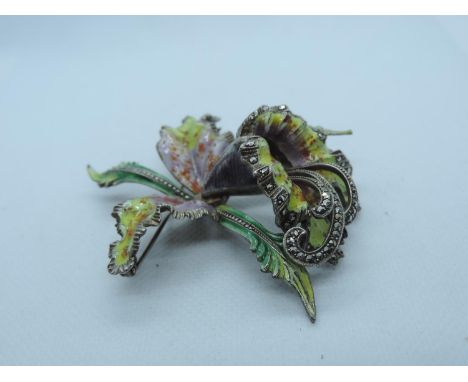 Enamelled .800 Silver Floral Marcasite Brooch - Slight Enamel Loss 