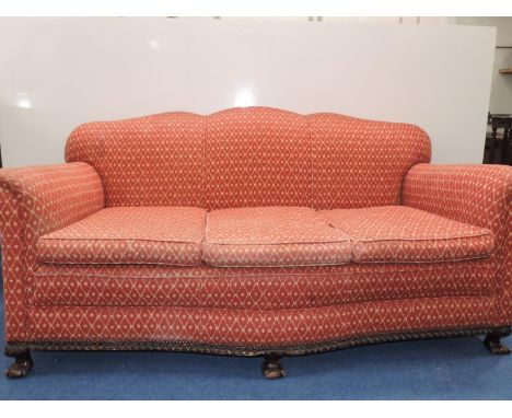 Upholstered Three Seater Sofa and Pair of Matching Armchairs - Carved Mahogany Frame 