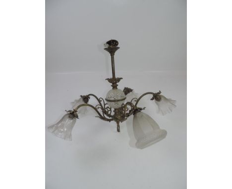 Brass Five Branch Light Fitting with Glass Shades (One Odd) 