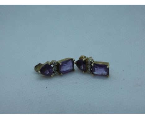 Pair of 9ct Gold Amethyst and Diamond Earrings - 2.9 grams 