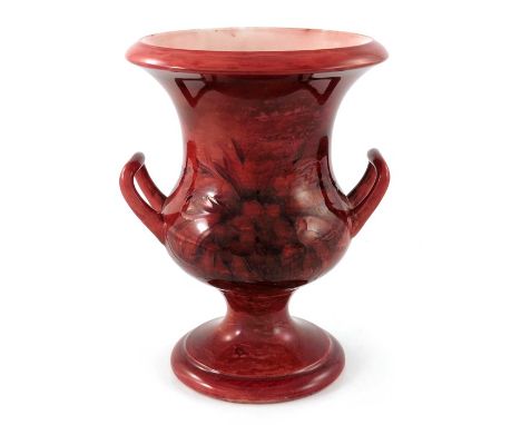 William Moorcroft, a Flambe Late Cornflower lamp base, circa 1935, twin handled Campana urn form with glazed central hole, im