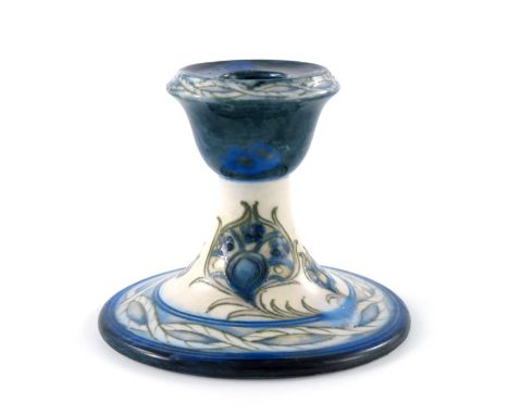William Moorcroft, a Peacock Feather and Rope candlestick, circa 1925, truncated  splayed form, impressed marks and underglaz