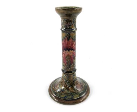 William Moorcroft, a Cornflower candlestick, 1914, Tuscan column form, underglaze green signature and date, 20.5cm high