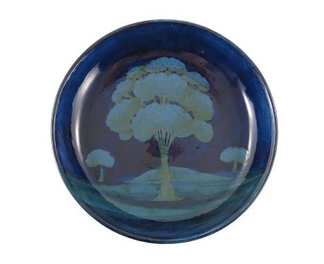 William Moorcroft, a Moonlit Blue bowl or wall plate, circa 1925, dish form, impressed marks and underglaze green signature, 