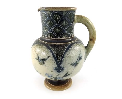 Robert Wallace Martin for Martin Brothers, a stoneware jug, 1882, footed spherical form with cylindrical neck, sgraffito deco