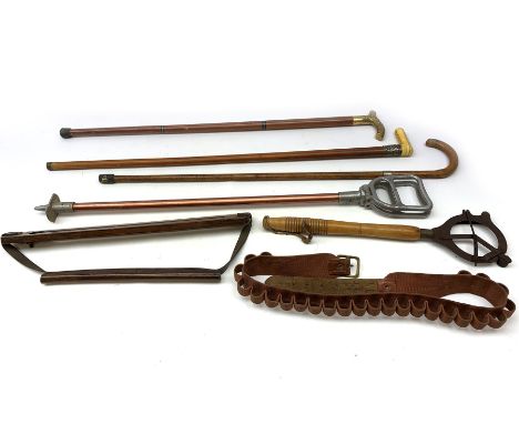 Gamekeeper's wooden and leather game carrier L51cm; clay hand flinger with iron dispenser and turned beech handle impressed '