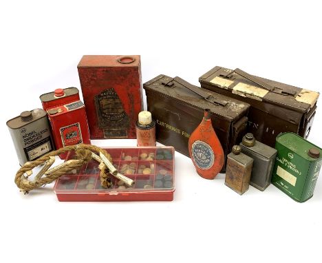 Quantity of empty powder tins; two portable metal ammunition boxes; cartridge wads; oil bottles etc - Condition Report 