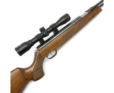 Weirauch HW97K .22 air rifle with under lever action, chequered pistol grip and fore-end, fitted integral moderator and Hawke
